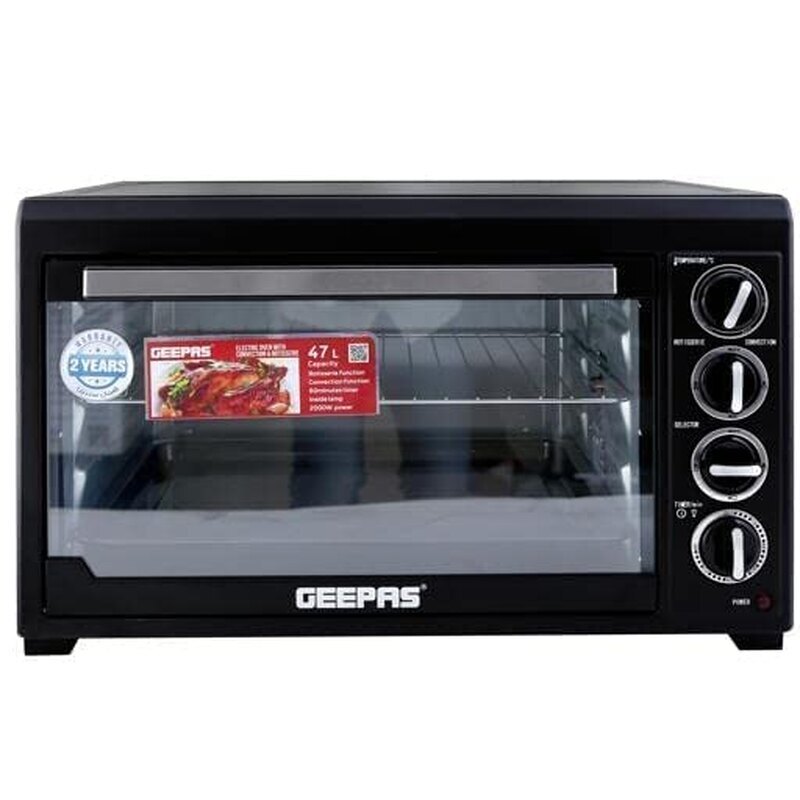 Geepas G04451 48L Electric Oven 2000W | Convection & Rotisserie Oven for Baking, Grilling & Roasting | 60-Min Timer with Bell, Interior Lamp, Stainless Steel Heating Elements | Black