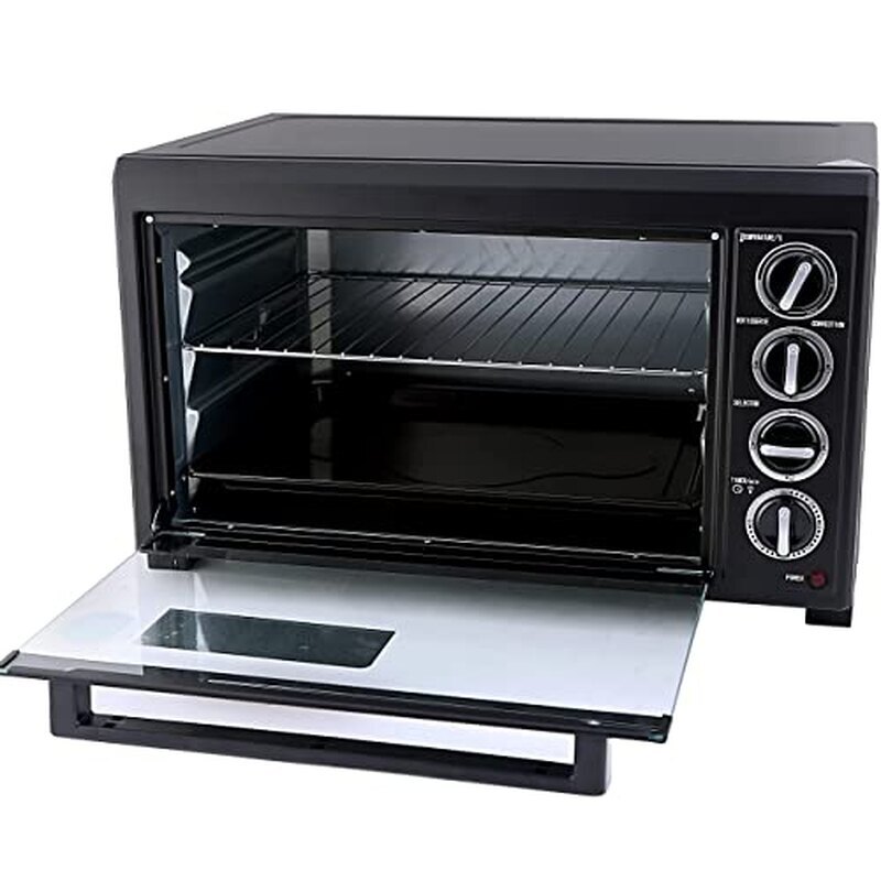 Geepas G04451 48L Electric Oven 2000W | Convection & Rotisserie Oven for Baking, Grilling & Roasting | 60-Min Timer with Bell, Interior Lamp, Stainless Steel Heating Elements | Black
