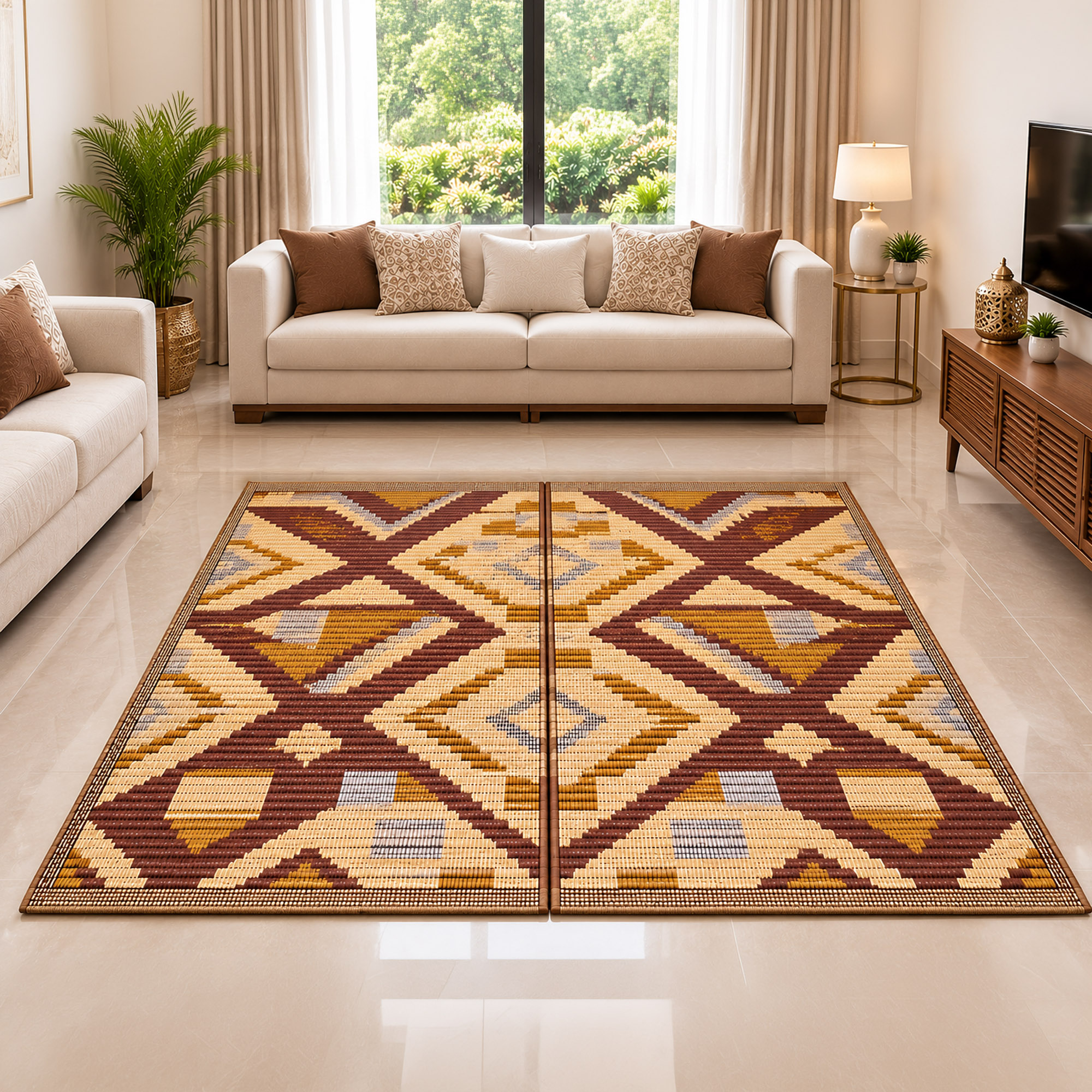 Jamal Al Bahrain 6×9 ft Traditional Arabic Foldable Floor Mat | Geometric Woven Chatai Carpet for Majlis, Living Room, Mosque & Prayer Area